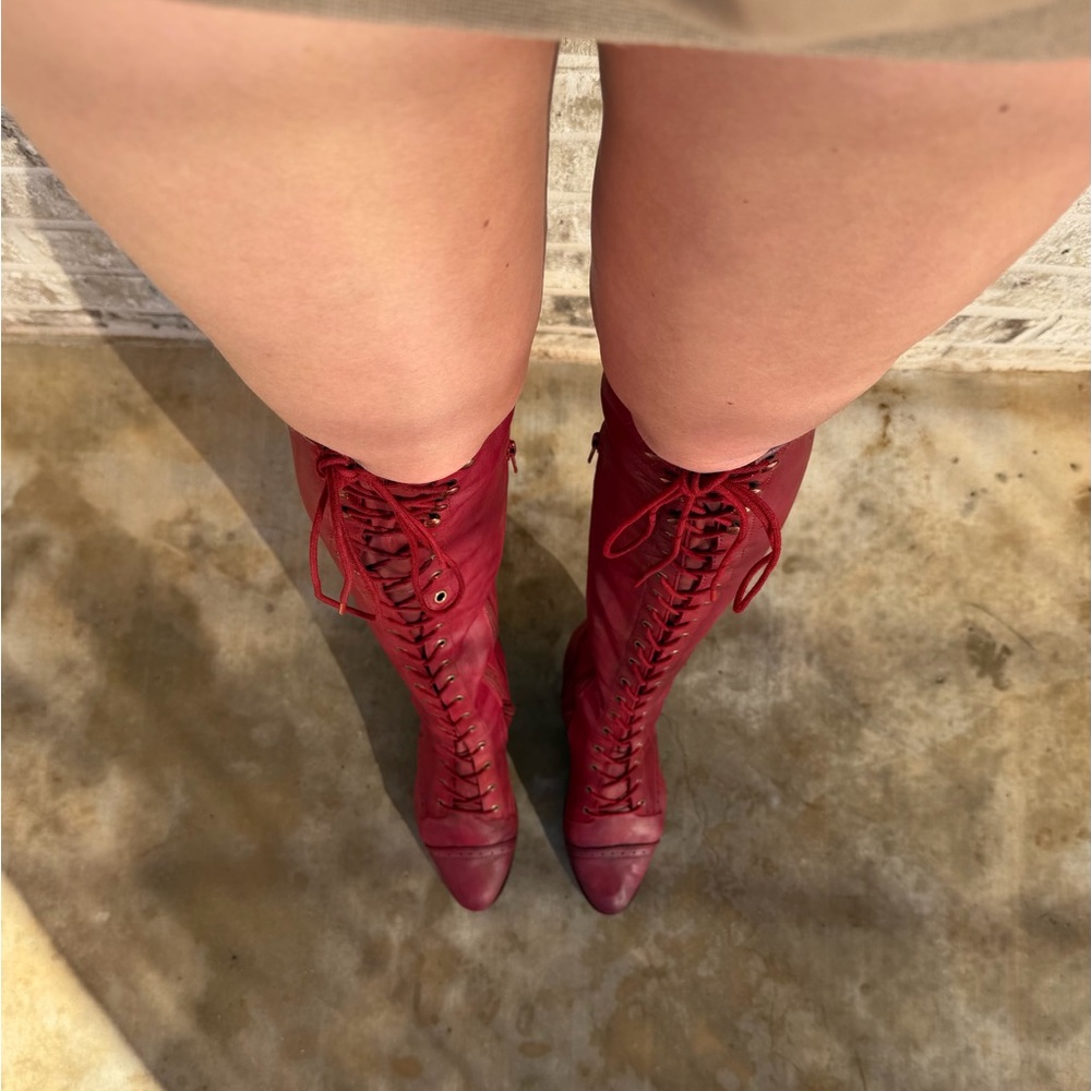 Jeffrey Campbell Sz 9 Red Free People Joe 2 Tall Lace Up Boots 100% Lambs Leathe - Picture 7 of 16